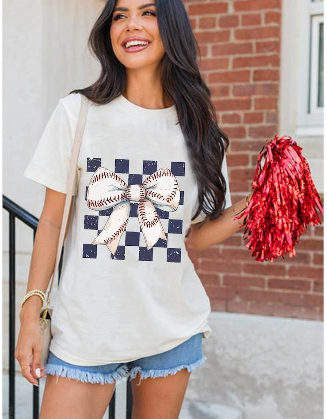 White Checkered Rugby Bowknot Graphic Crew T Shirt