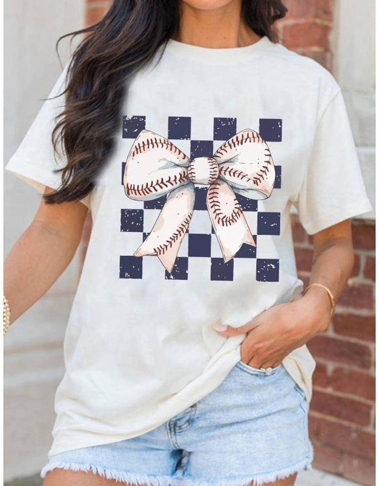 White Checkered Rugby Bowknot Graphic Crew T Shirt