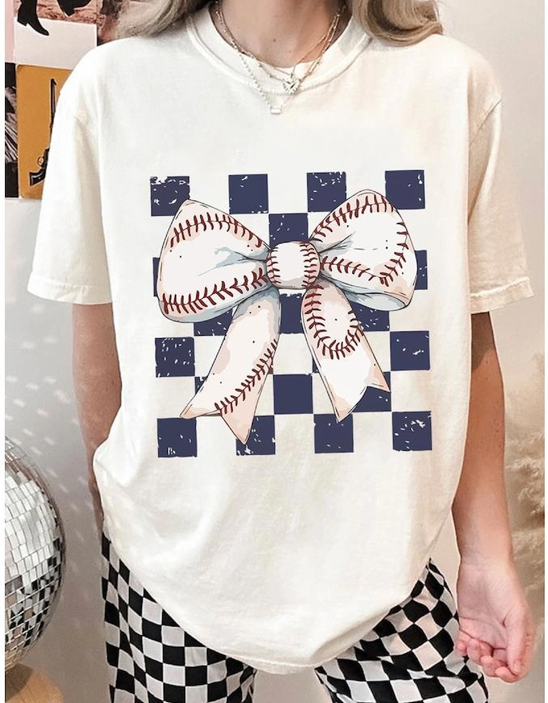 White Checkered Rugby Bowknot Graphic Crew T Shirt