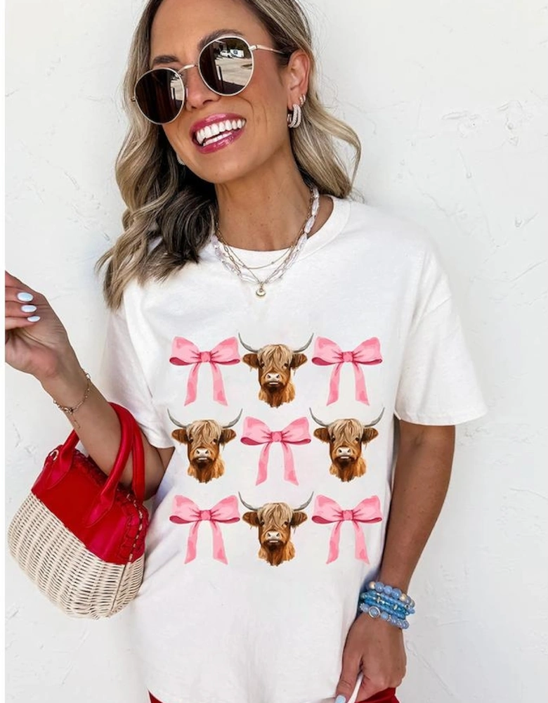 White Coquette Highland Cow Png Bows Graphic Tee