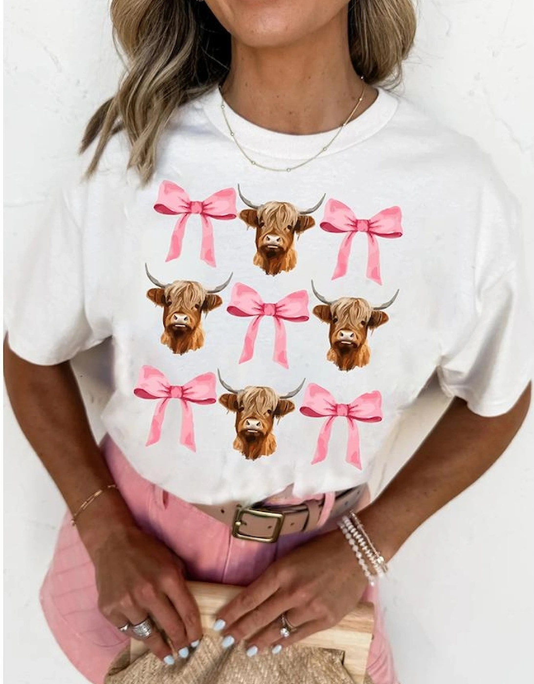 White Coquette Highland Cow Png Bows Graphic Tee