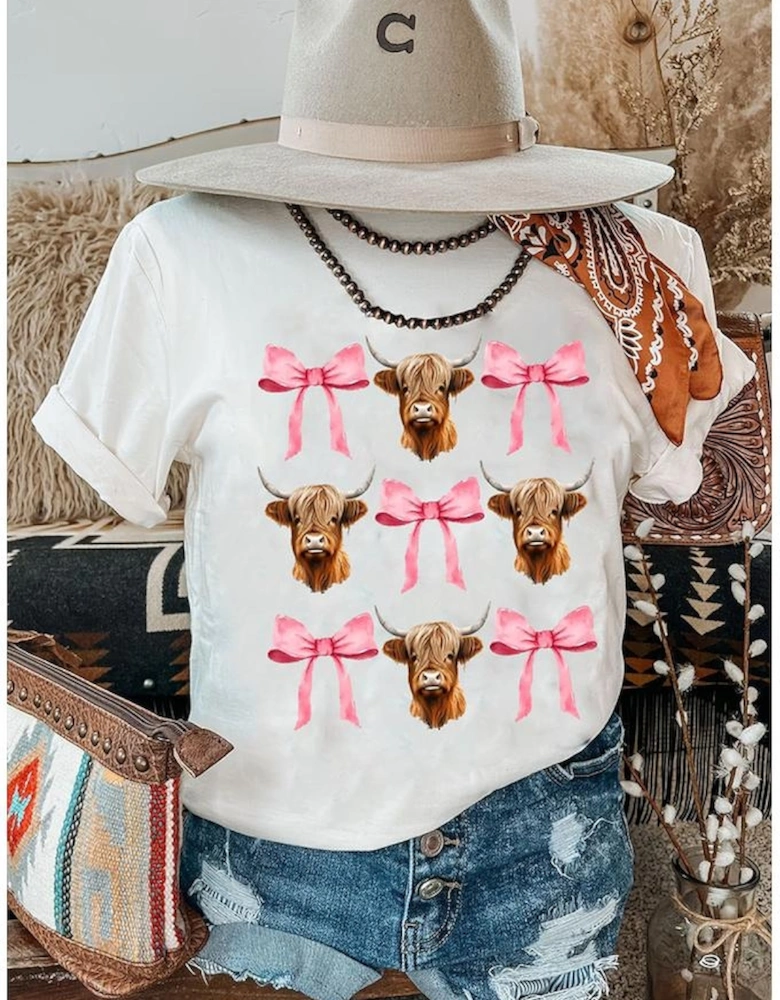 White Coquette Highland Cow Png Bows Graphic Tee