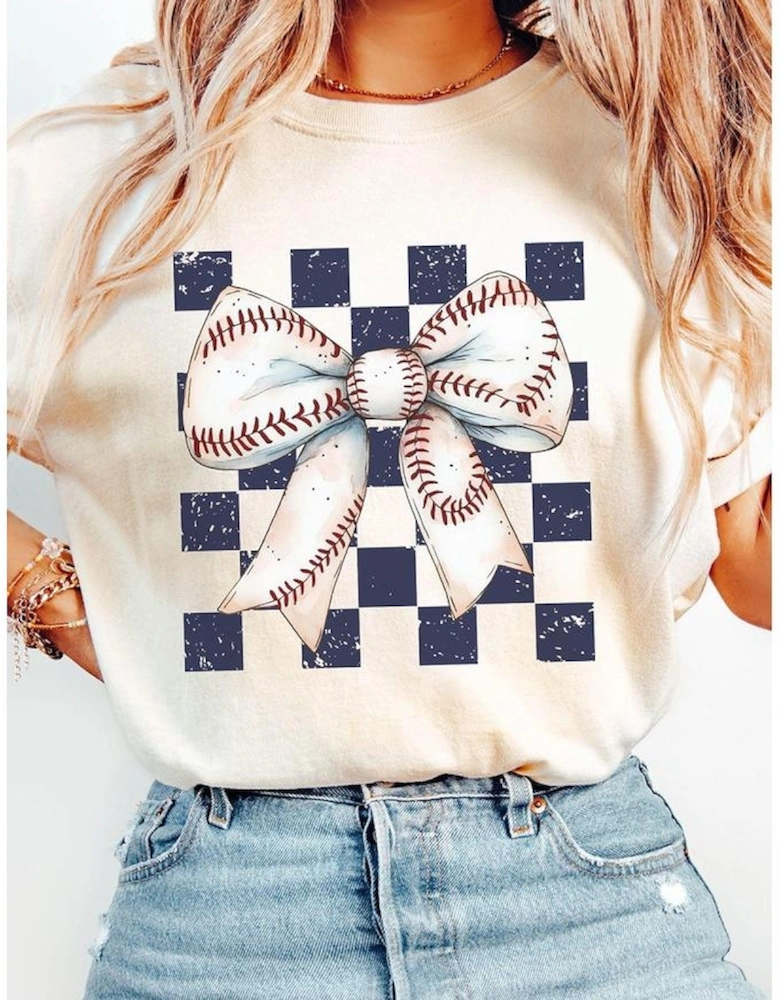 White Checkered Rugby Bowknot Graphic Crew T Shirt