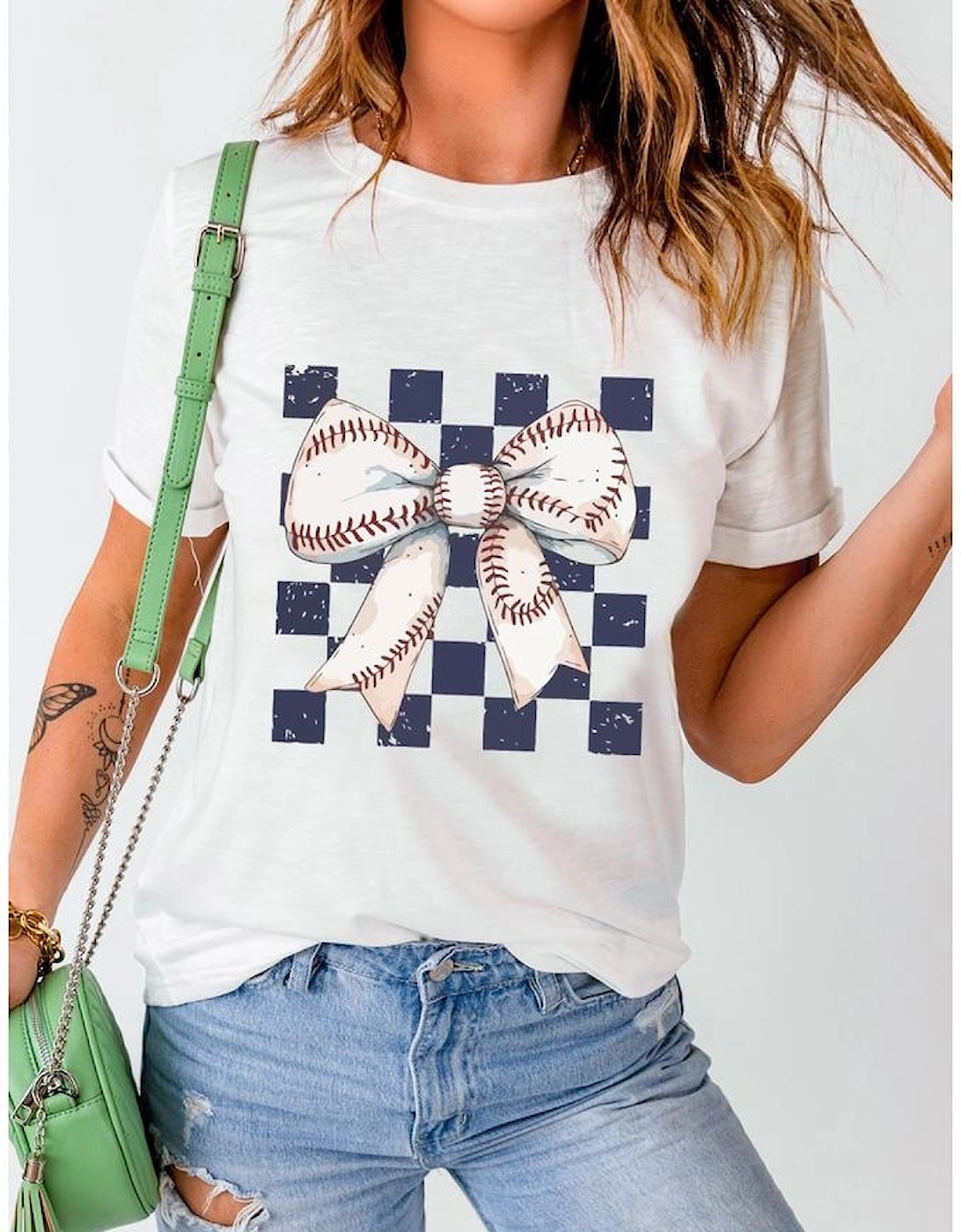 White Checkered Rugby Bowknot Graphic Crew T Shirt