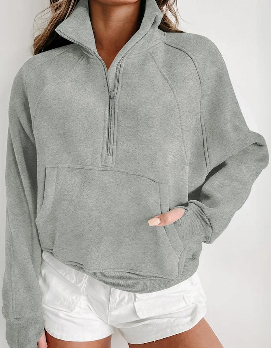 Gray Zip Up Stand Collar Ribbed Thumbhole Sleeve Sweatshirt, 5 of 4