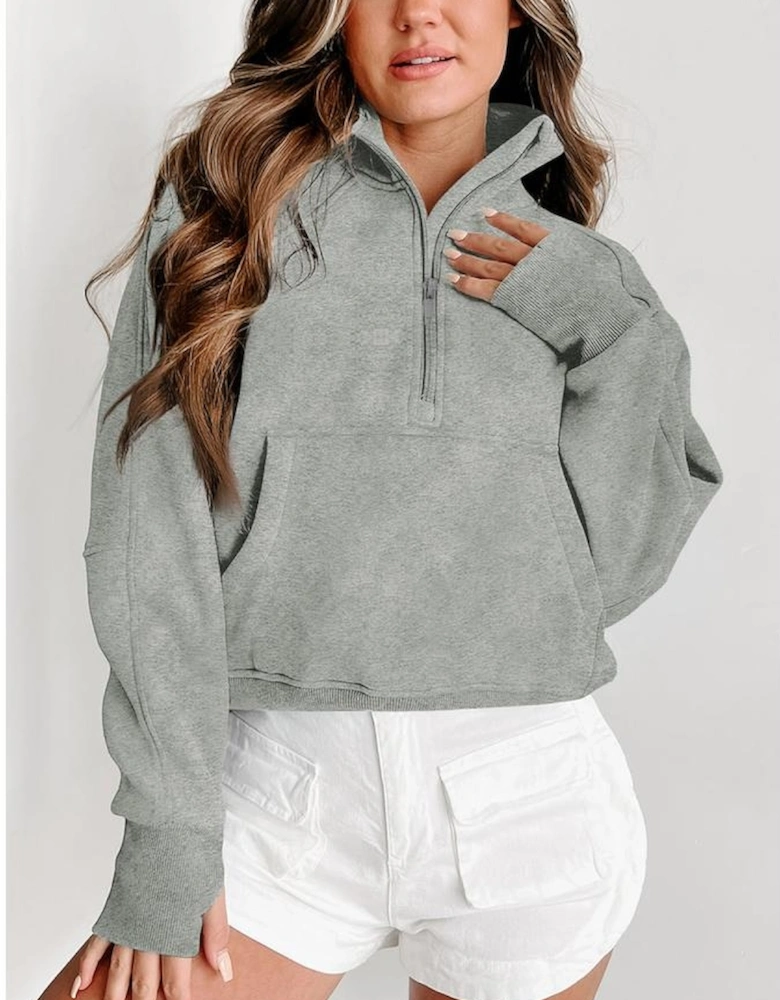 Gray Zip Up Stand Collar Ribbed Thumbhole Sleeve Sweatshirt