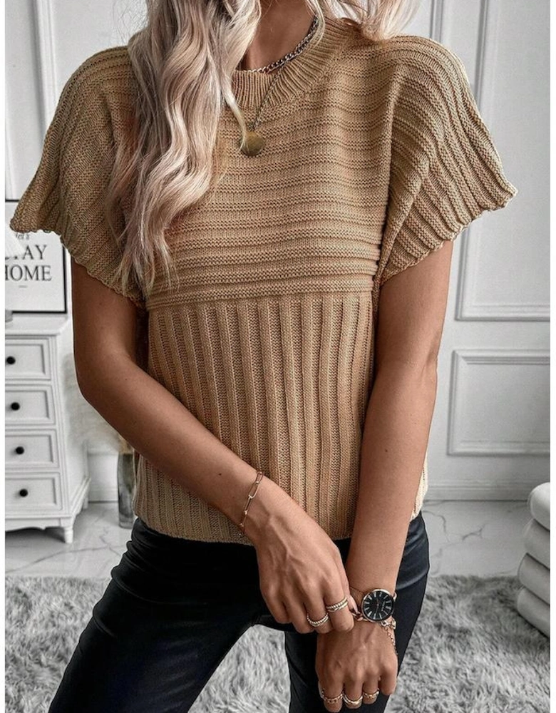 Light French Beige Rib Knitted Wide Sleeve Sweater T Shirt
