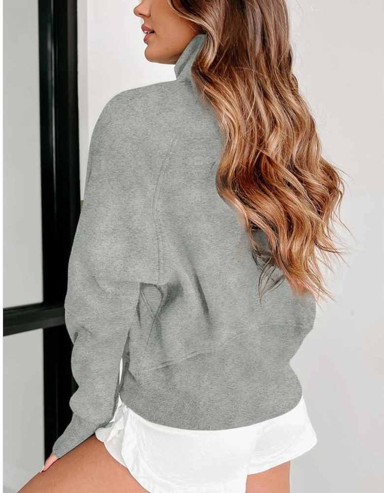 Gray Zip Up Stand Collar Ribbed Thumbhole Sleeve Sweatshirt