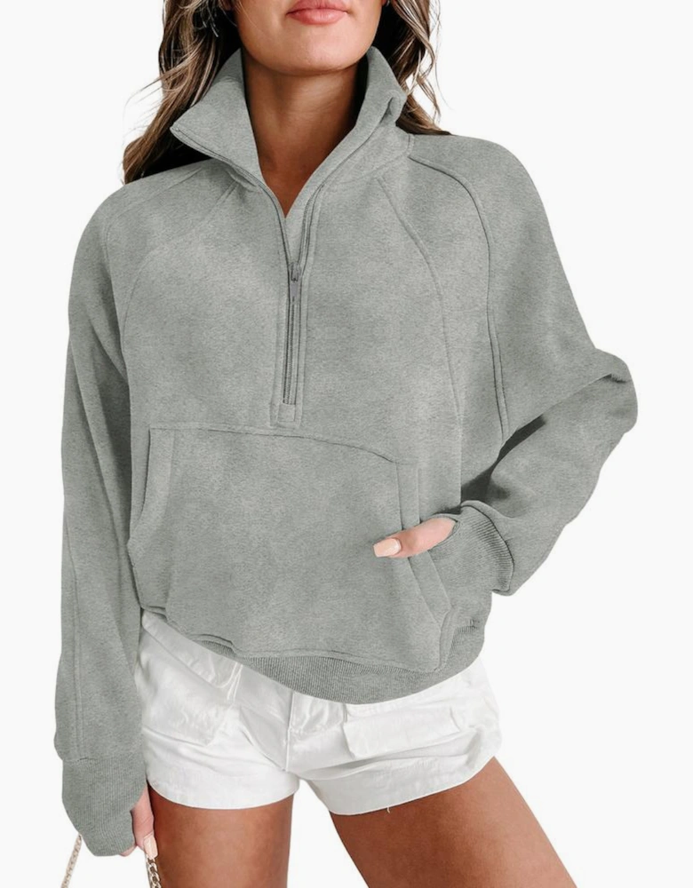 Gray Zip Up Stand Collar Ribbed Thumbhole Sleeve Sweatshirt