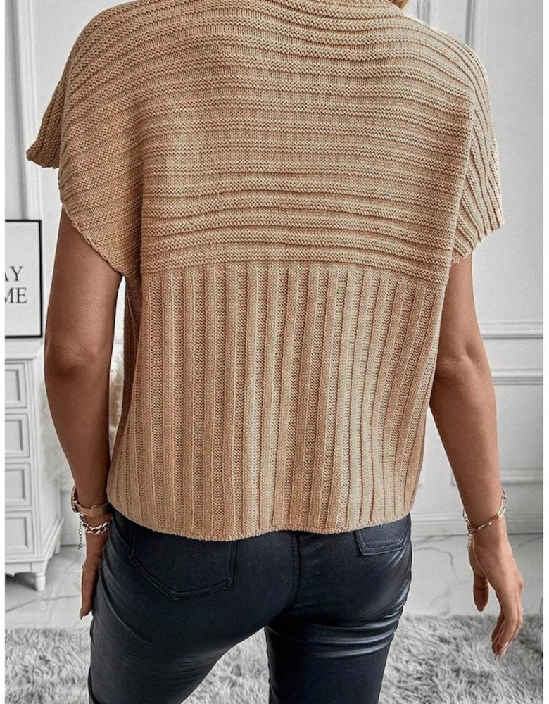 Light French Beige Rib Knitted Wide Sleeve Sweater T Shirt