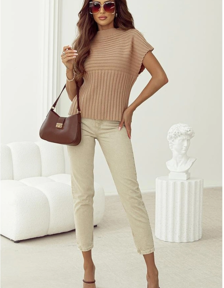 Light French Beige Rib Knitted Wide Sleeve Sweater T Shirt