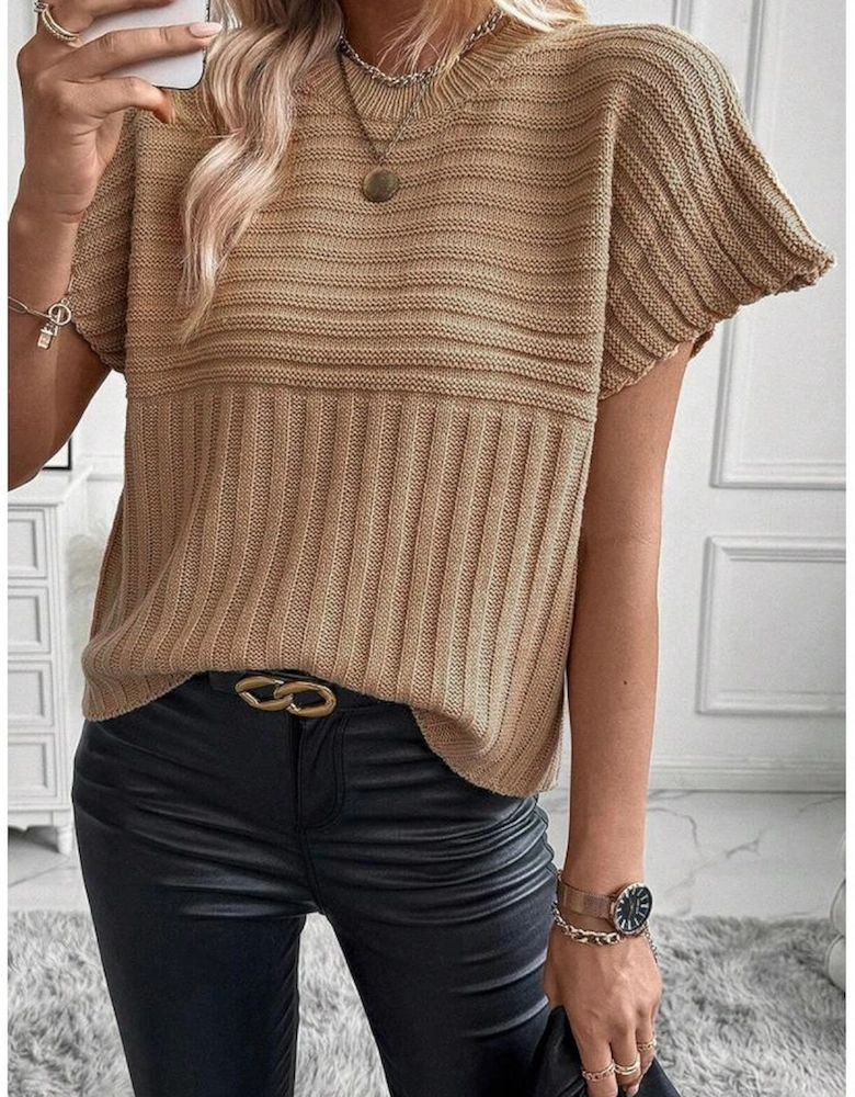 Light French Beige Rib Knitted Wide Sleeve Sweater T Shirt