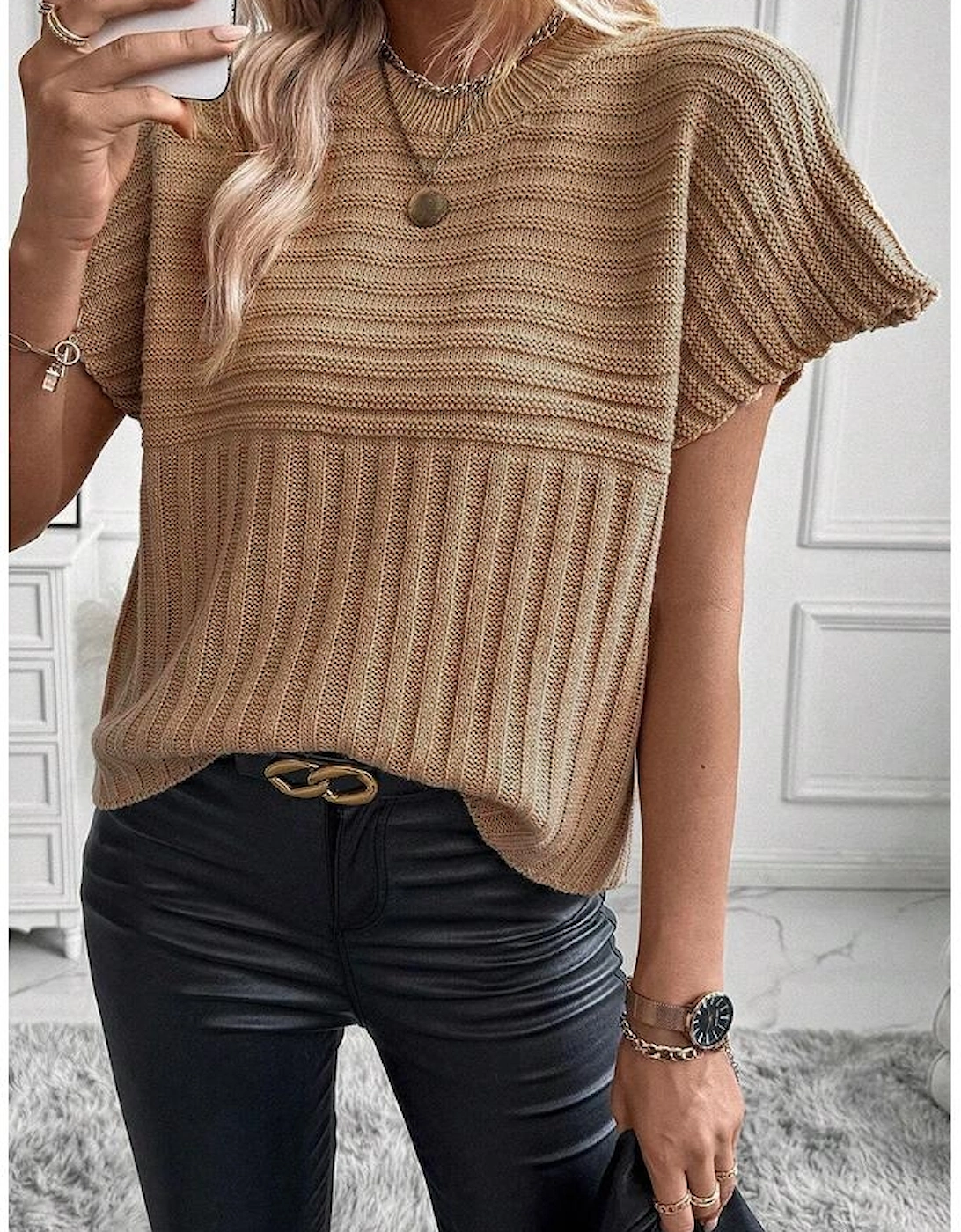 Light French Beige Rib Knitted Wide Sleeve Sweater T Shirt