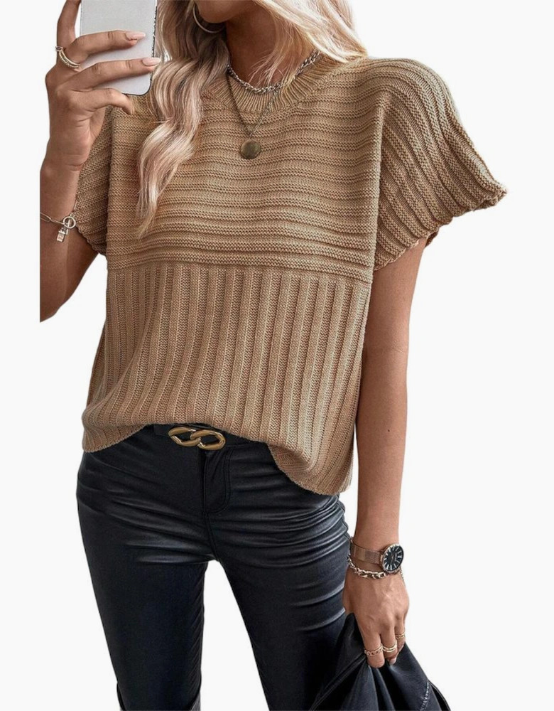 Light French Beige Rib Knitted Wide Sleeve Sweater T Shirt