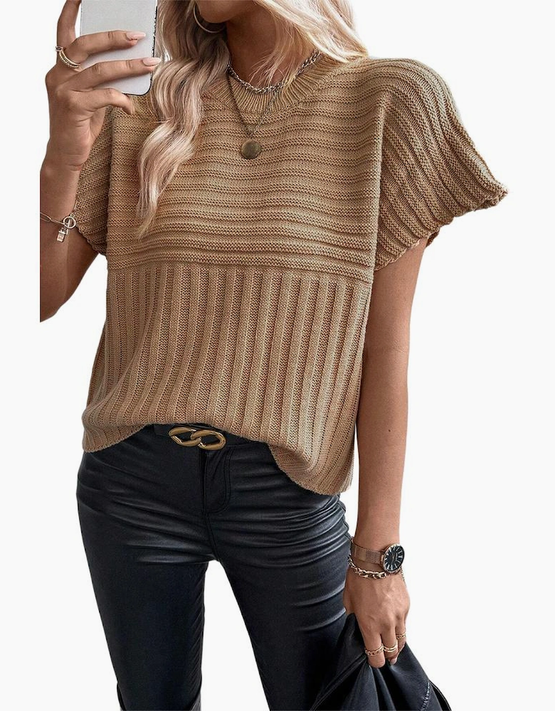 Light French Beige Rib Knitted Wide Sleeve Sweater T Shirt