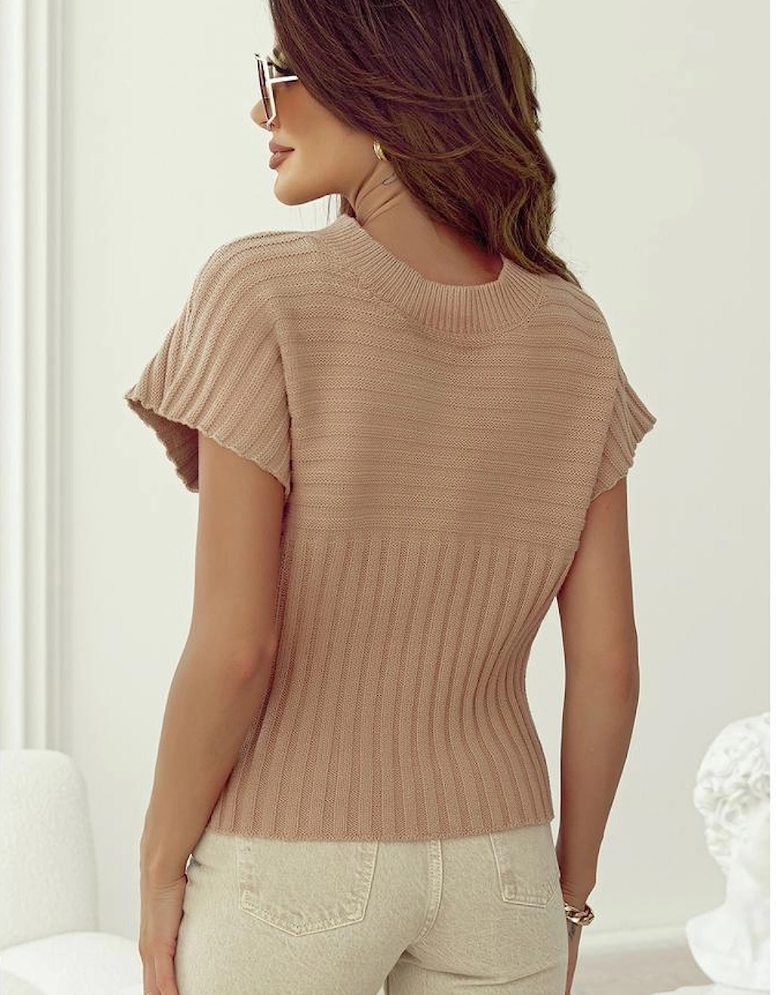 Light French Beige Rib Knitted Wide Sleeve Sweater T Shirt