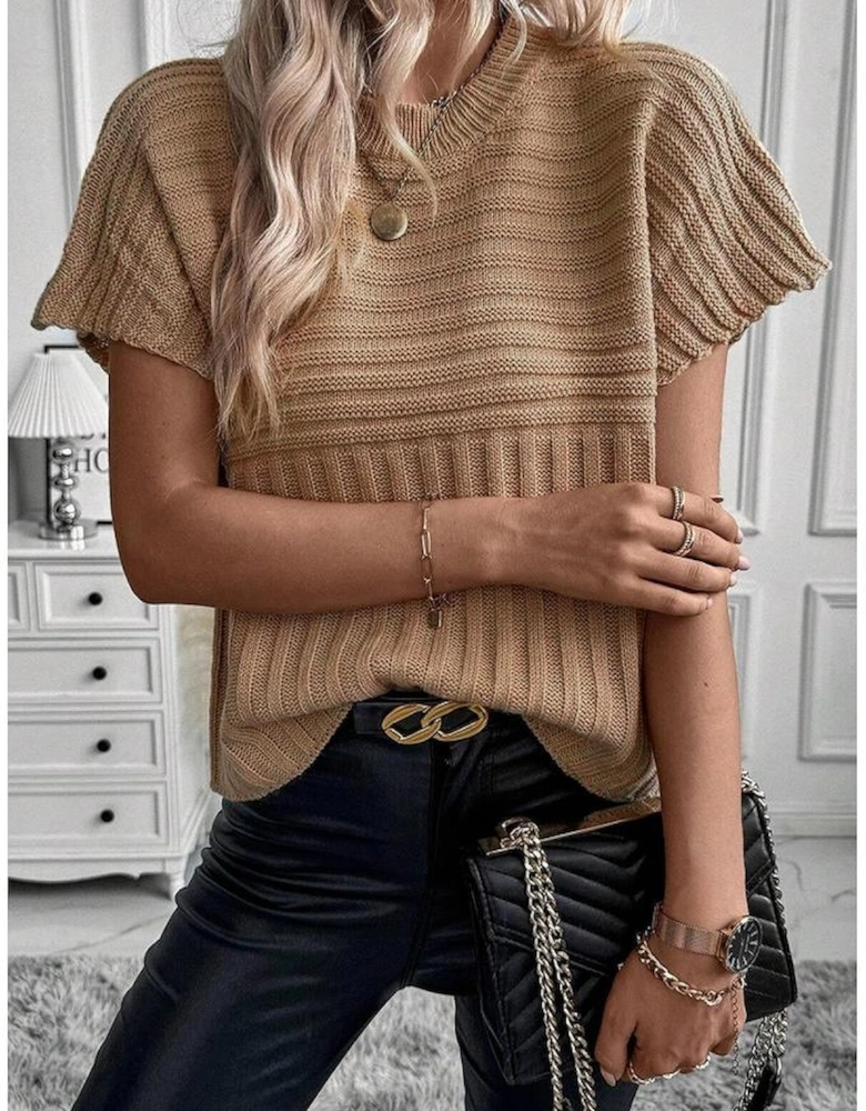 Light French Beige Rib Knitted Wide Sleeve Sweater T Shirt
