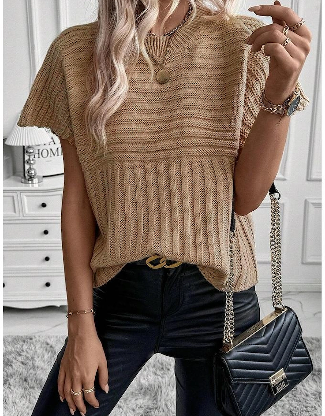 Light French Beige Rib Knitted Wide Sleeve Sweater T Shirt