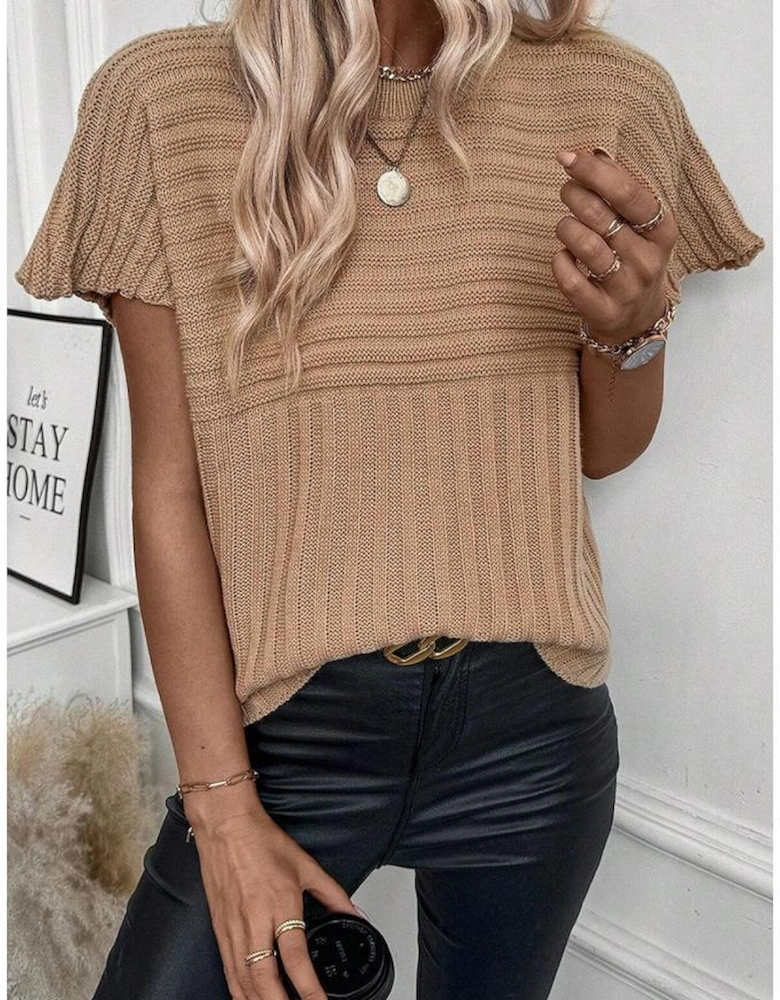 Light French Beige Rib Knitted Wide Sleeve Sweater T Shirt