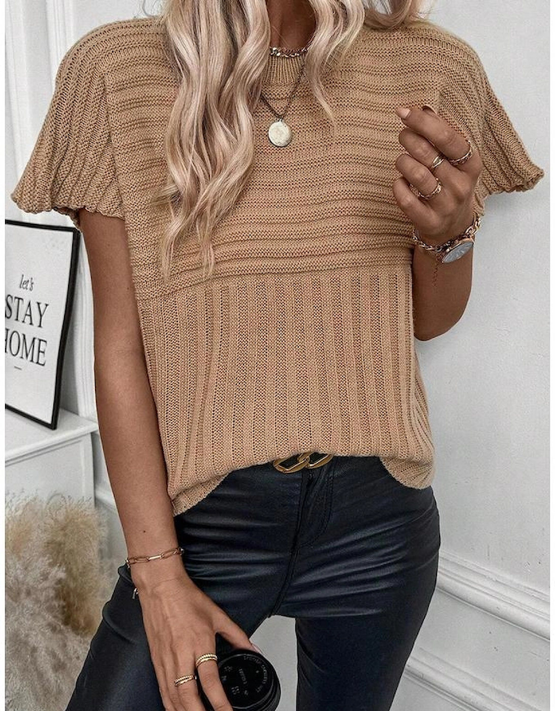 Light French Beige Rib Knitted Wide Sleeve Sweater T Shirt