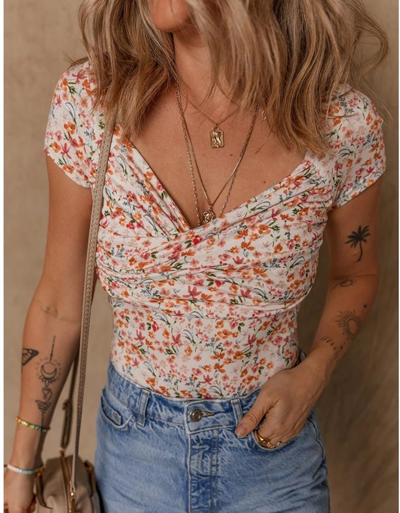Orange Short Sleeve Floral Ruched Sweetheart Bodysuit