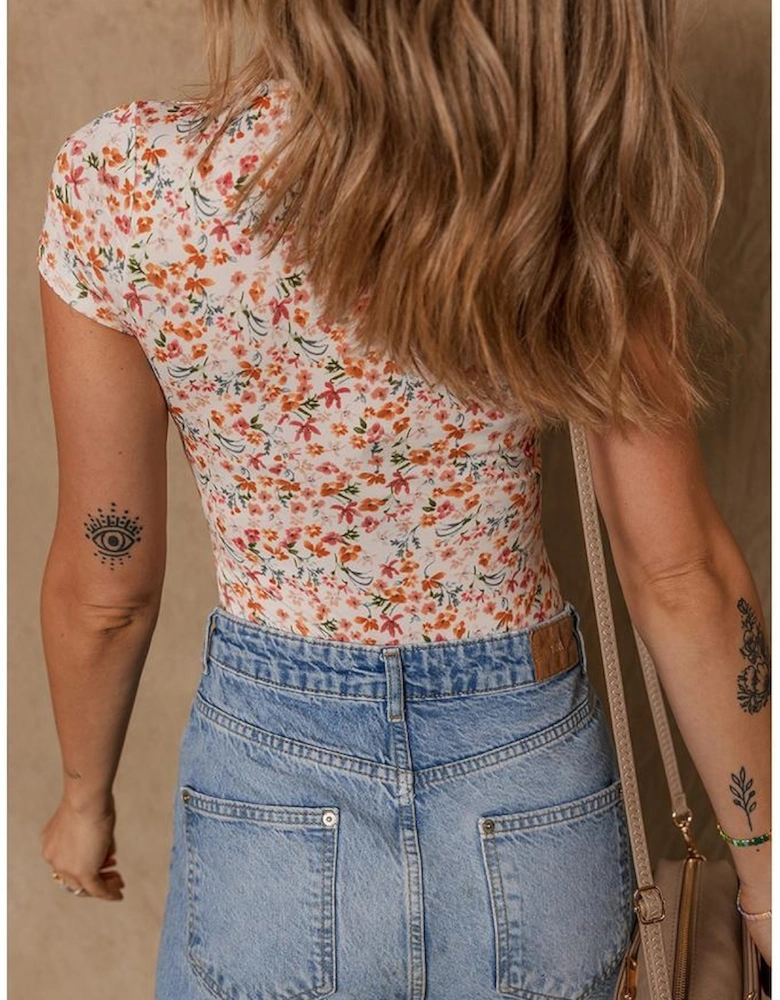 Orange Short Sleeve Floral Ruched Sweetheart Bodysuit