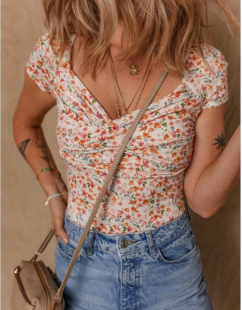 Orange Short Sleeve Floral Ruched Sweetheart Bodysuit