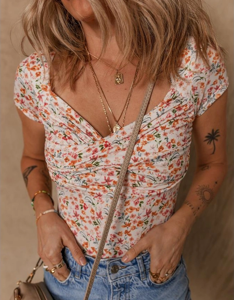 Orange Short Sleeve Floral Ruched Sweetheart Bodysuit