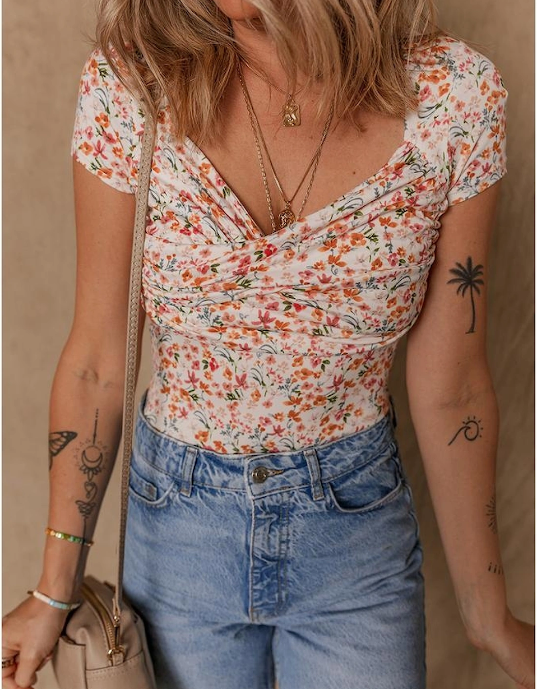 Orange Short Sleeve Floral Ruched Sweetheart Bodysuit