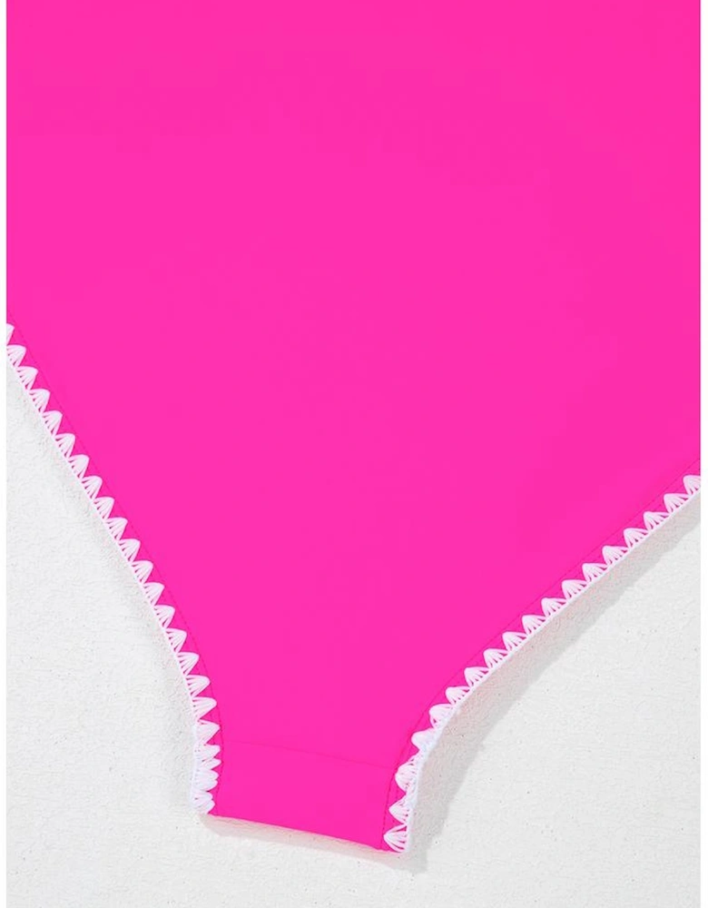 Rose Red Ric Rac Trim Contrasted Patchwork Cutout One Piece Swimsuit