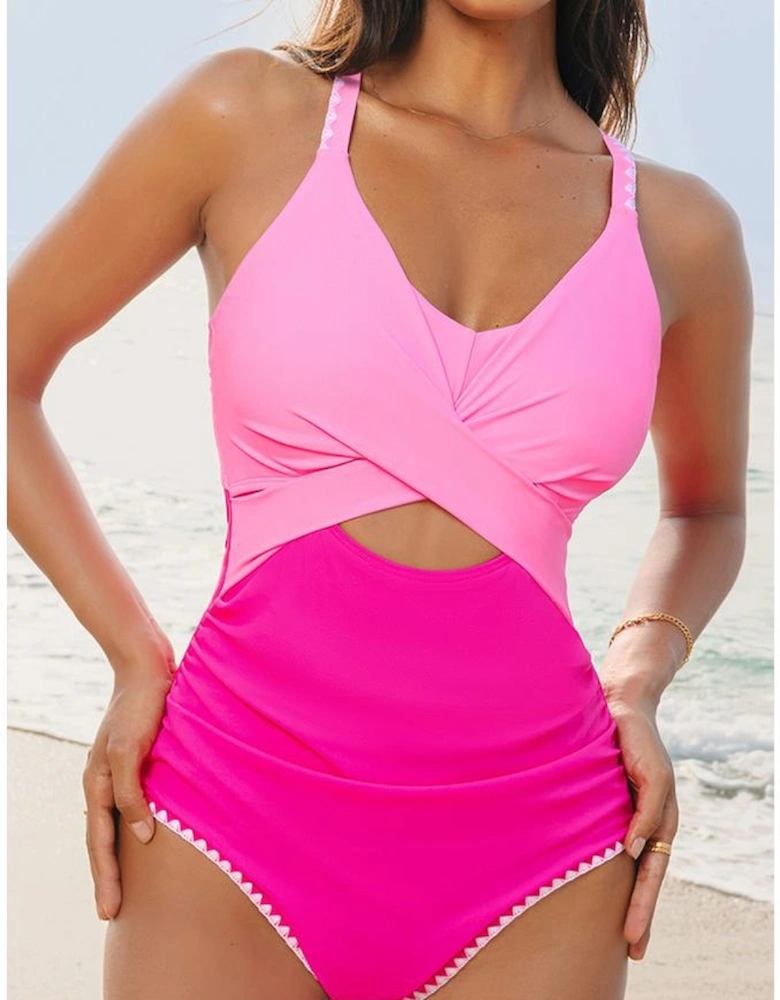 Rose Red Ric Rac Trim Contrasted Patchwork Cutout One Piece Swimsuit