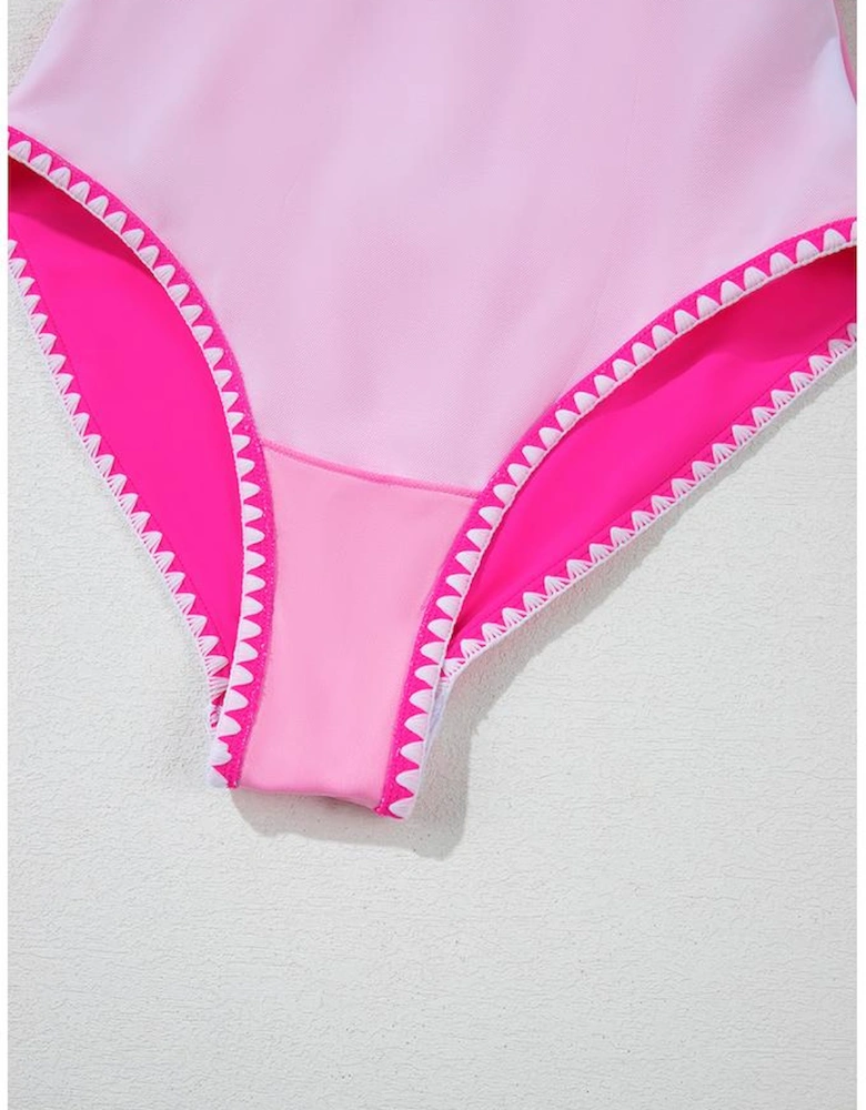 Rose Red Ric Rac Trim Contrasted Patchwork Cutout One Piece Swimsuit