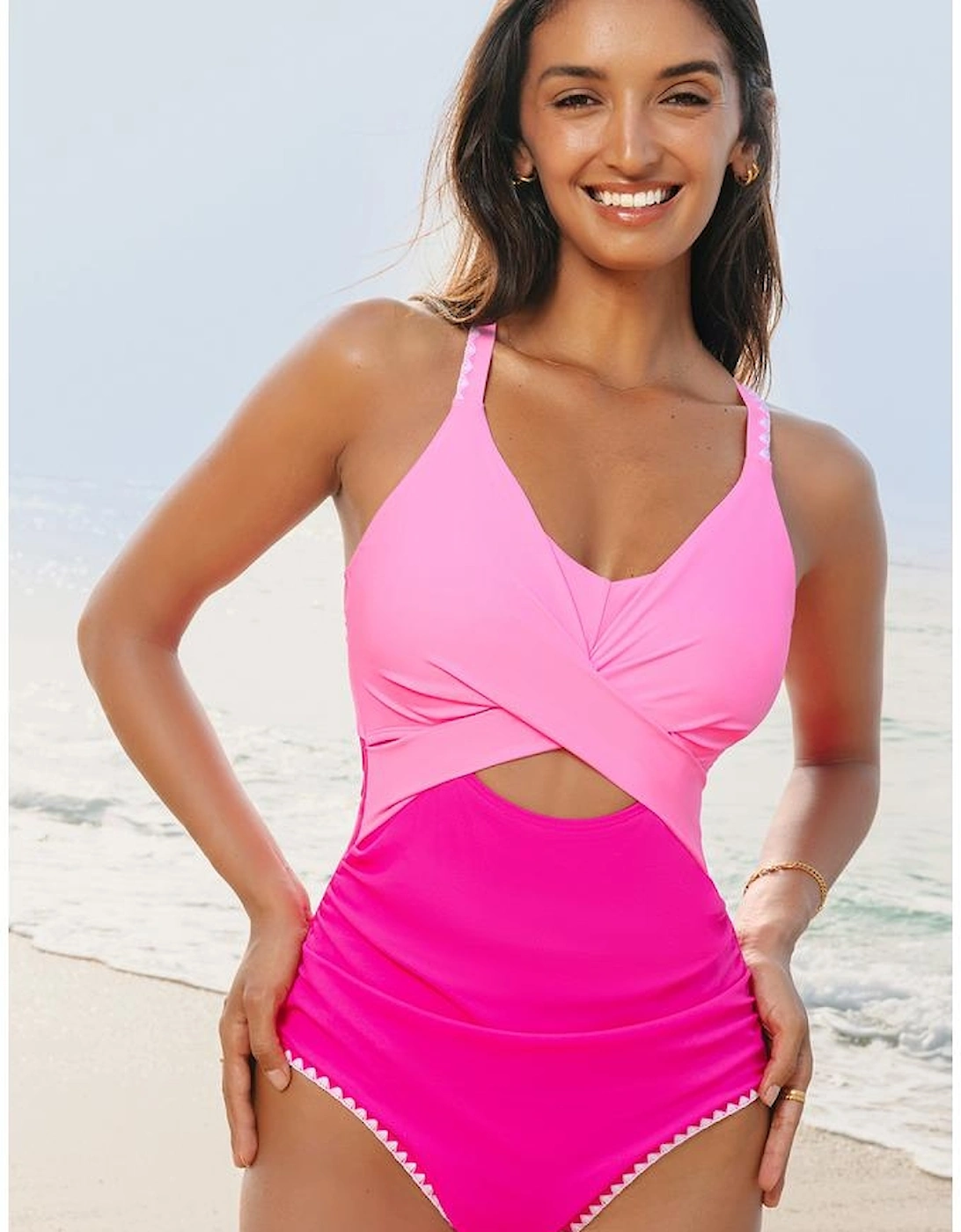 Rose Red Ric Rac Trim Contrasted Patchwork Cutout One Piece Swimsuit