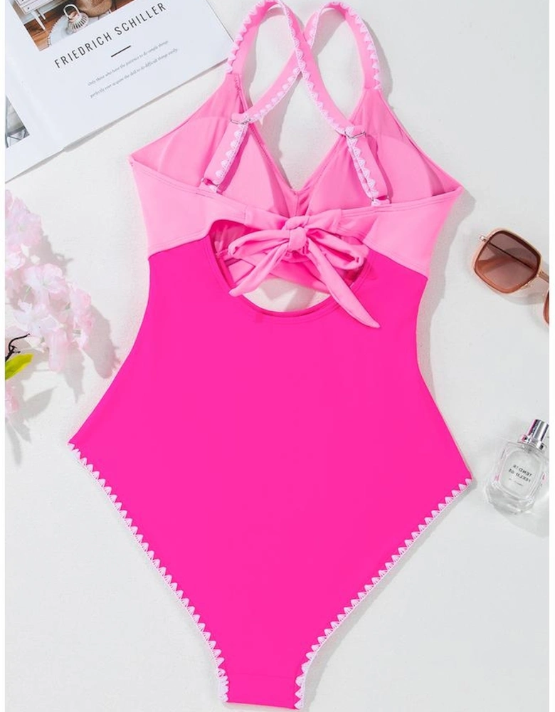 Rose Red Ric Rac Trim Contrasted Patchwork Cutout One Piece Swimsuit