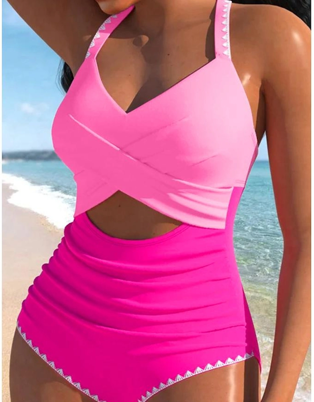 Rose Red Ric Rac Trim Contrasted Patchwork Cutout One Piece Swimsuit