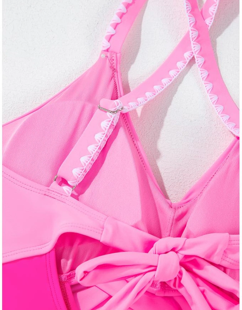 Rose Red Ric Rac Trim Contrasted Patchwork Cutout One Piece Swimsuit