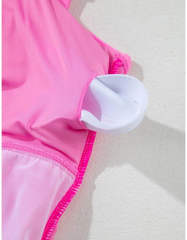 Rose Red Ric Rac Trim Contrasted Patchwork Cutout One Piece Swimsuit