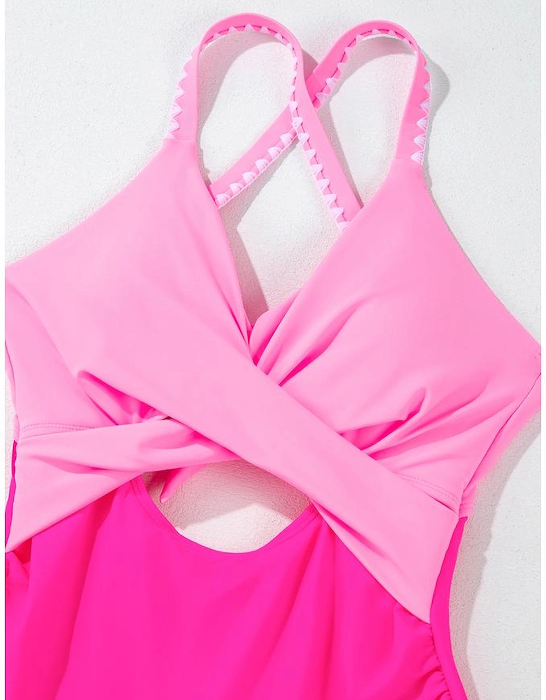 Rose Red Ric Rac Trim Contrasted Patchwork Cutout One Piece Swimsuit