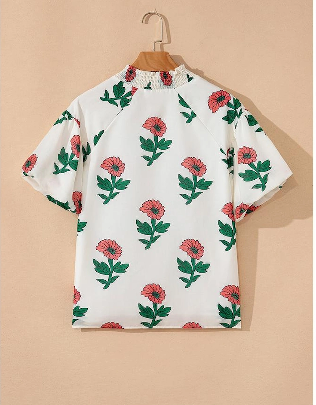 Beige Floral Print Shirred Split Neck Short Sleeve Blouse