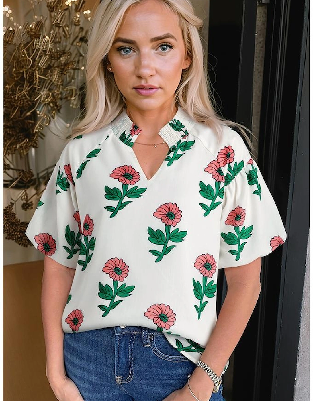 Beige Floral Print Shirred Split Neck Short Sleeve Blouse, 10 of 9