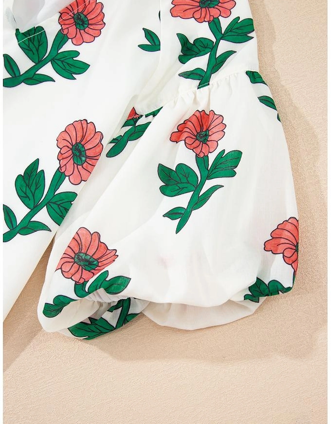 Beige Floral Print Shirred Split Neck Short Sleeve Blouse