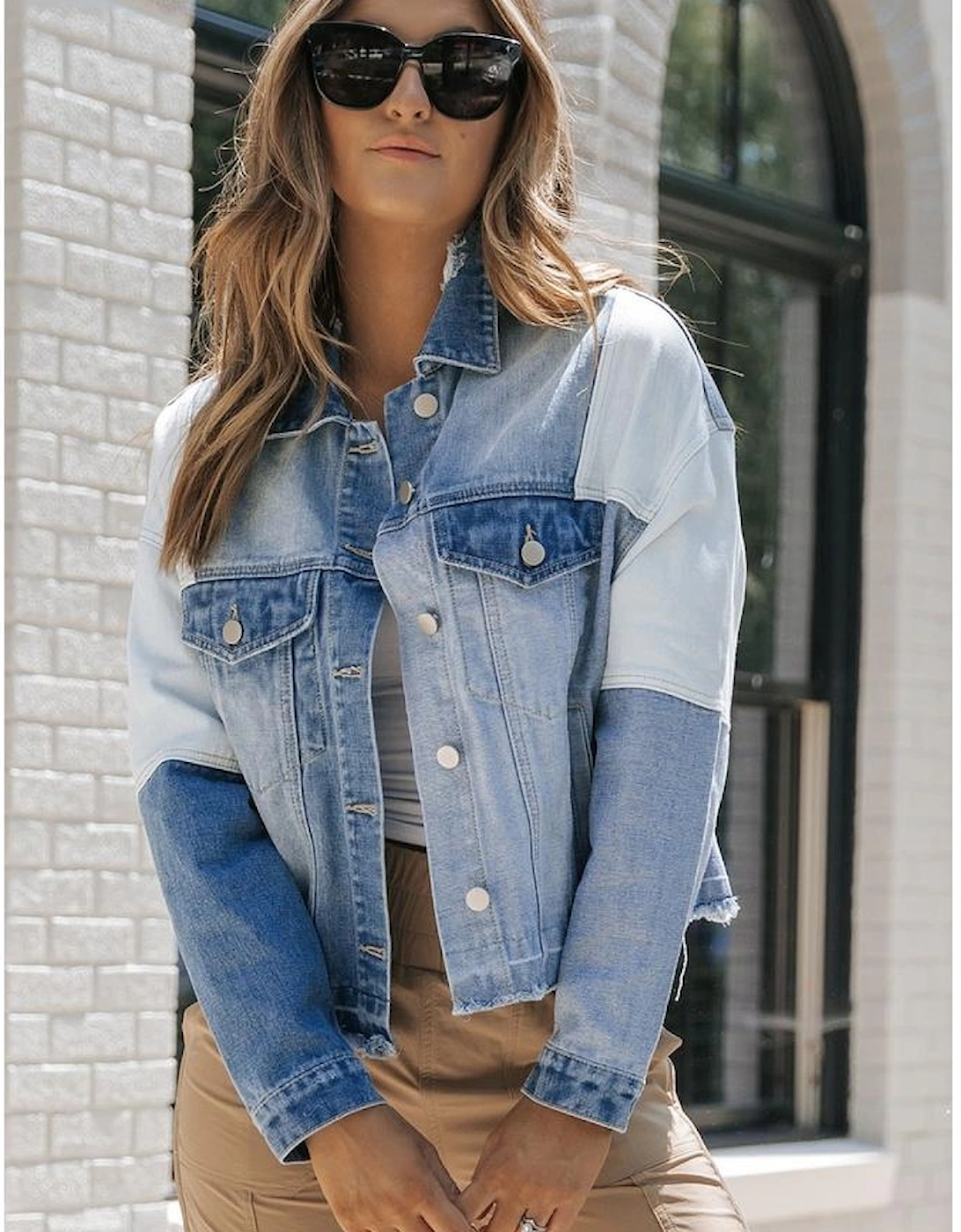 Sky Blue Color Block Denim Patchwork Frayed Hem Jacket