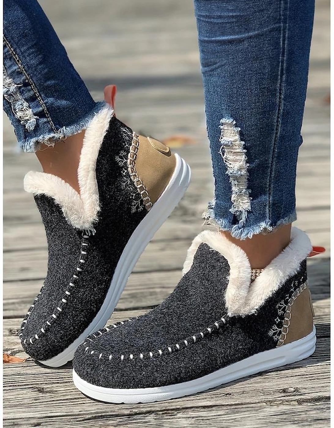 Carbon Grey Suede Stitching Patchwork Plush Lined Anklet Boots