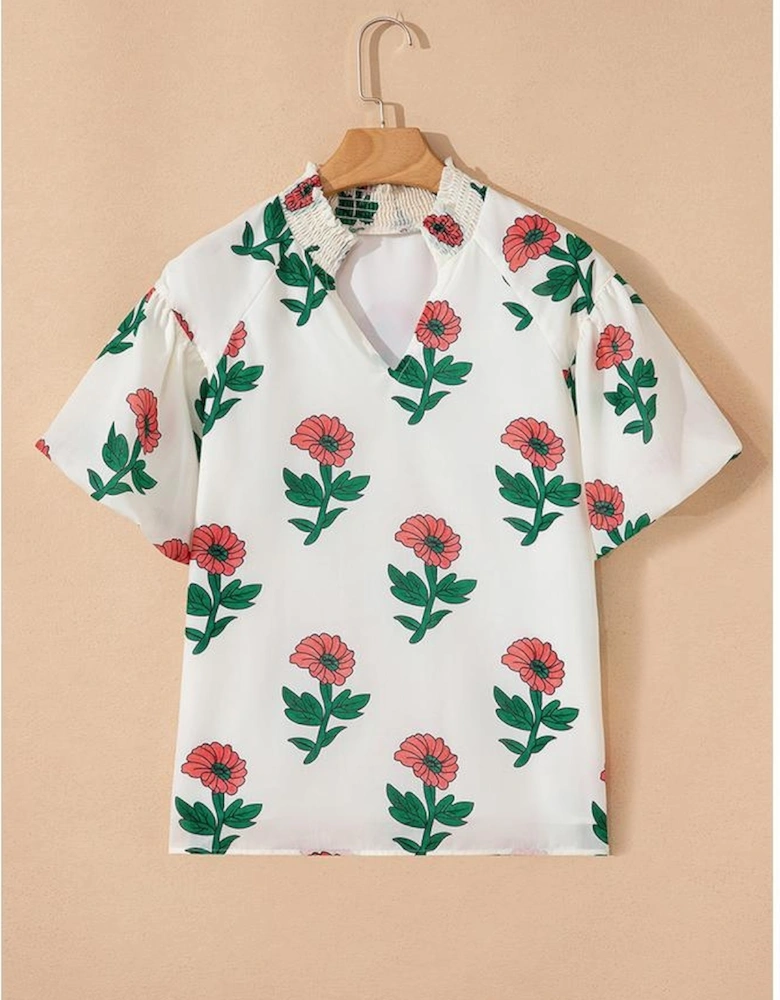 Beige Floral Print Shirred Split Neck Short Sleeve Blouse