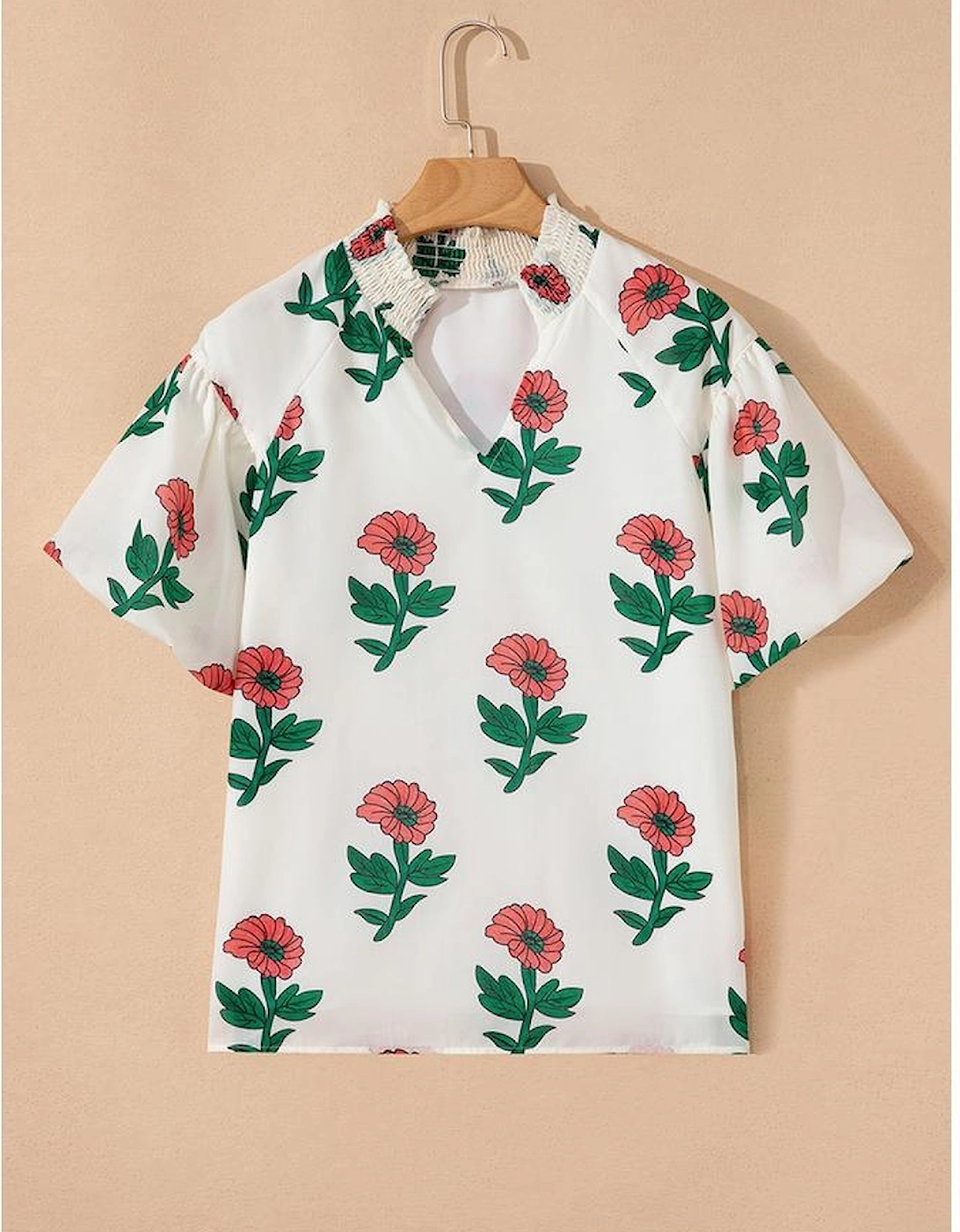 Beige Floral Print Shirred Split Neck Short Sleeve Blouse