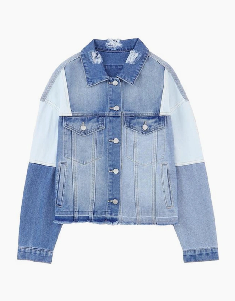 Sky Blue Color Block Denim Patchwork Frayed Hem Jacket