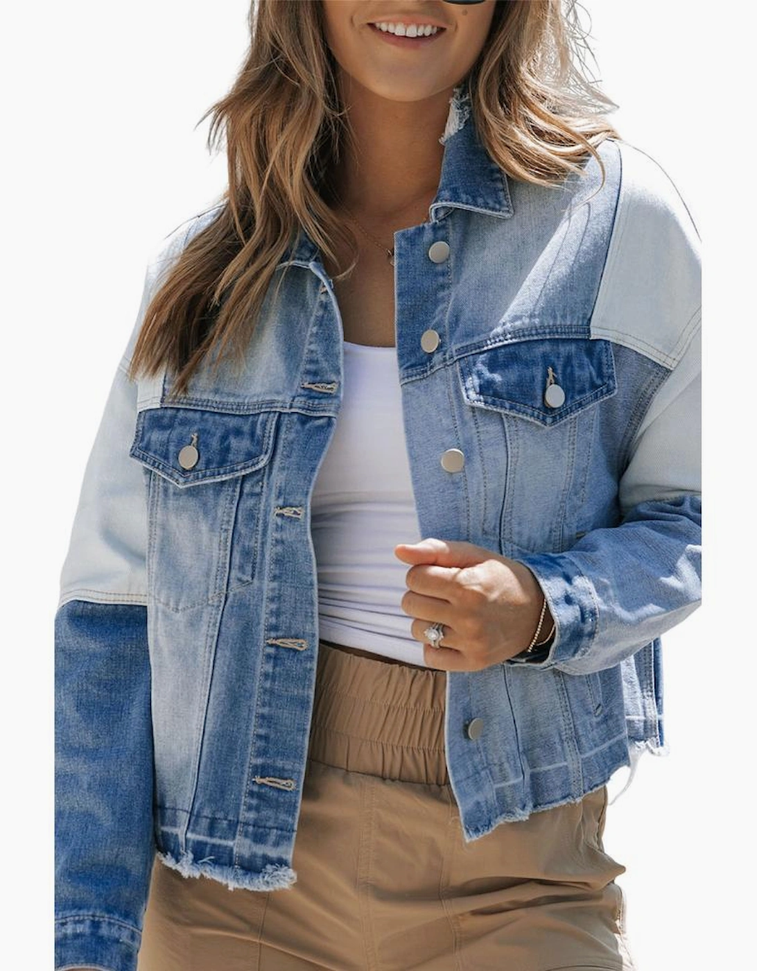 Sky Blue Color Block Denim Patchwork Frayed Hem Jacket