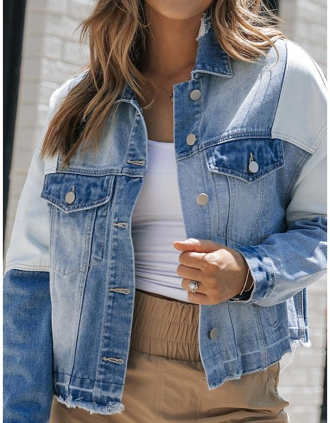 Sky Blue Color Block Denim Patchwork Frayed Hem Jacket, 15 of 14