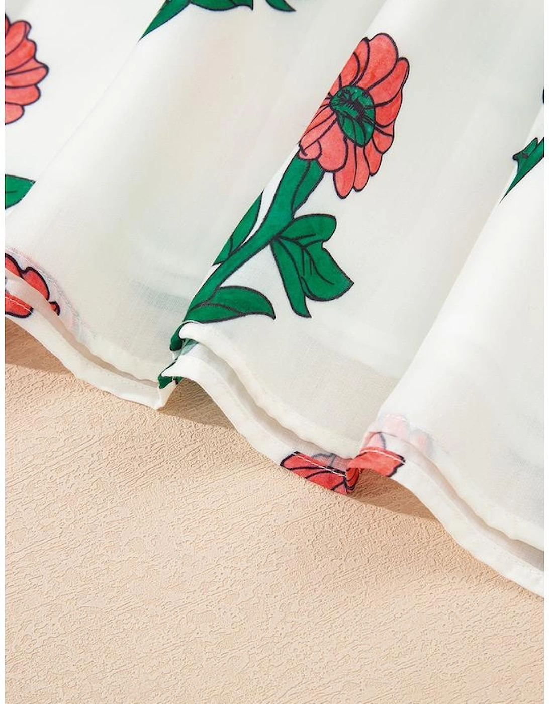 Beige Floral Print Shirred Split Neck Short Sleeve Blouse