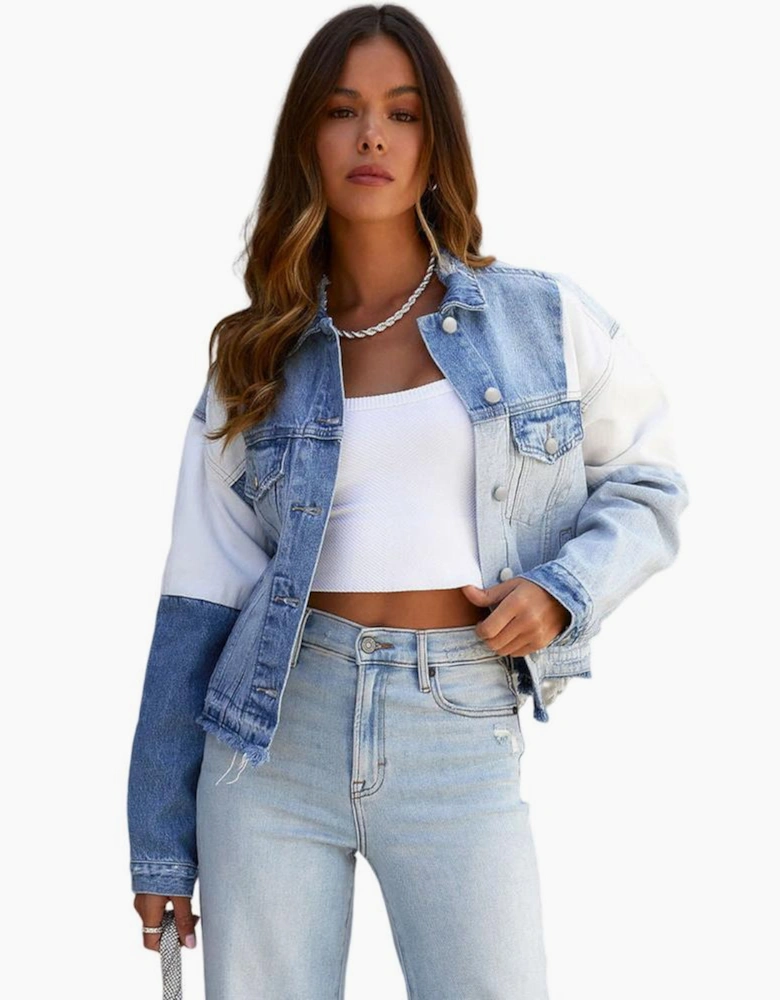 Sky Blue Color Block Denim Patchwork Frayed Hem Jacket